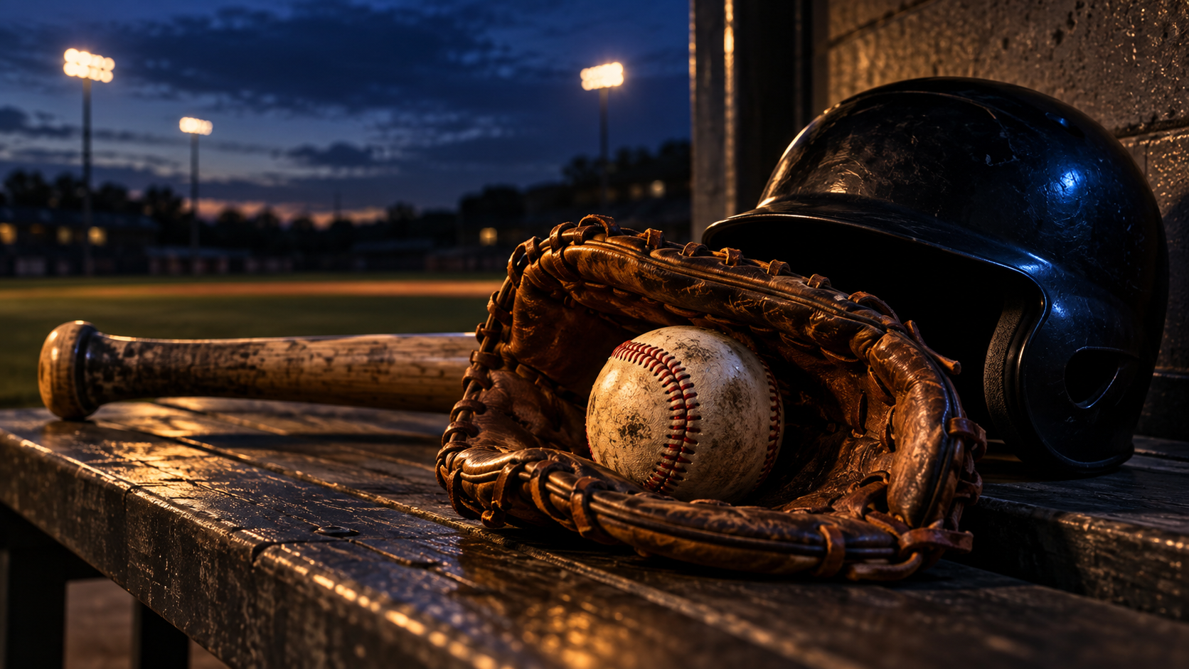 Original Arcline editorial artwork: a glove, baseball, bat and helmet after the game