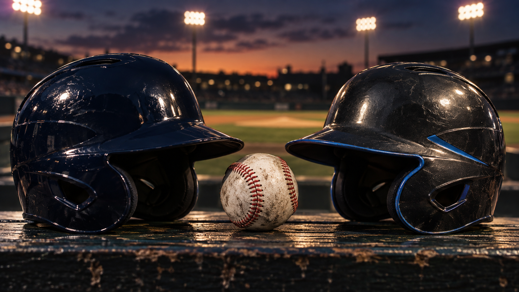 Original Arcline editorial artwork: unbranded batting helmets and a baseball under ballpark lights