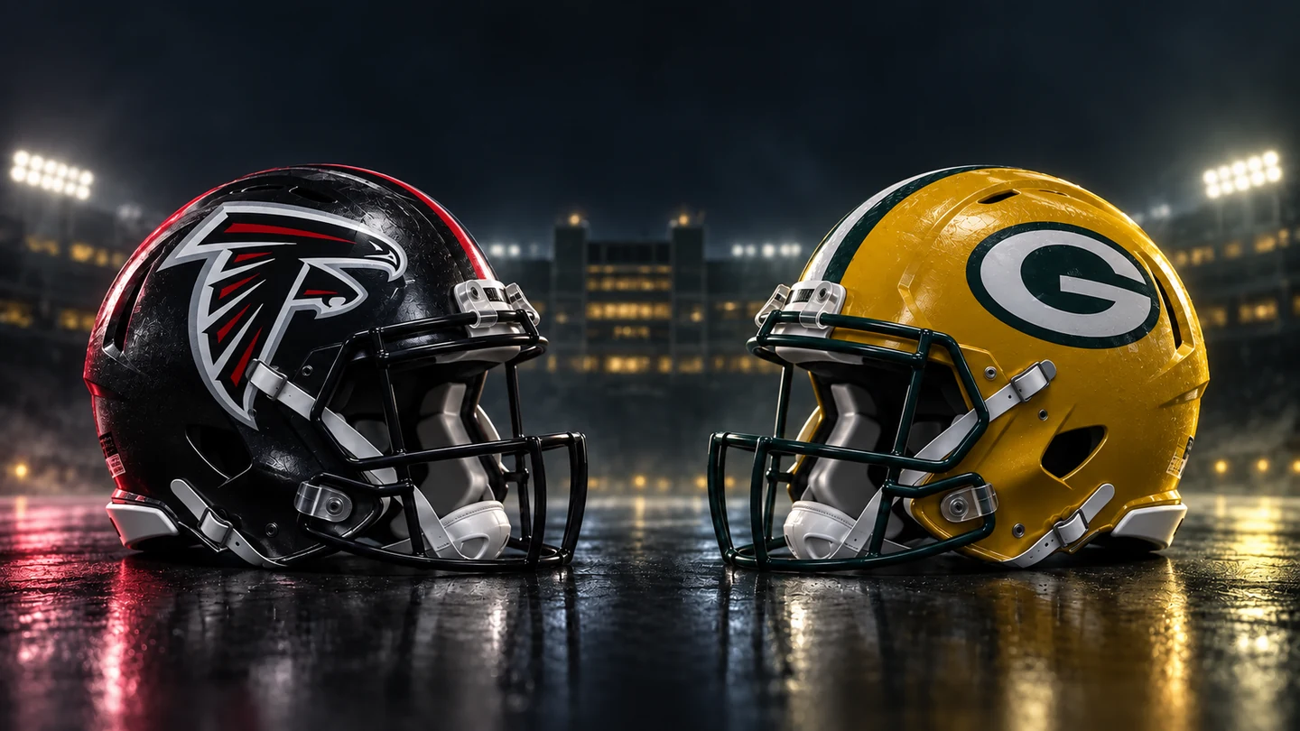 Original Arcline illustration: Atlanta Falcons and Green Bay Packers helmets facing under stadium lighting.