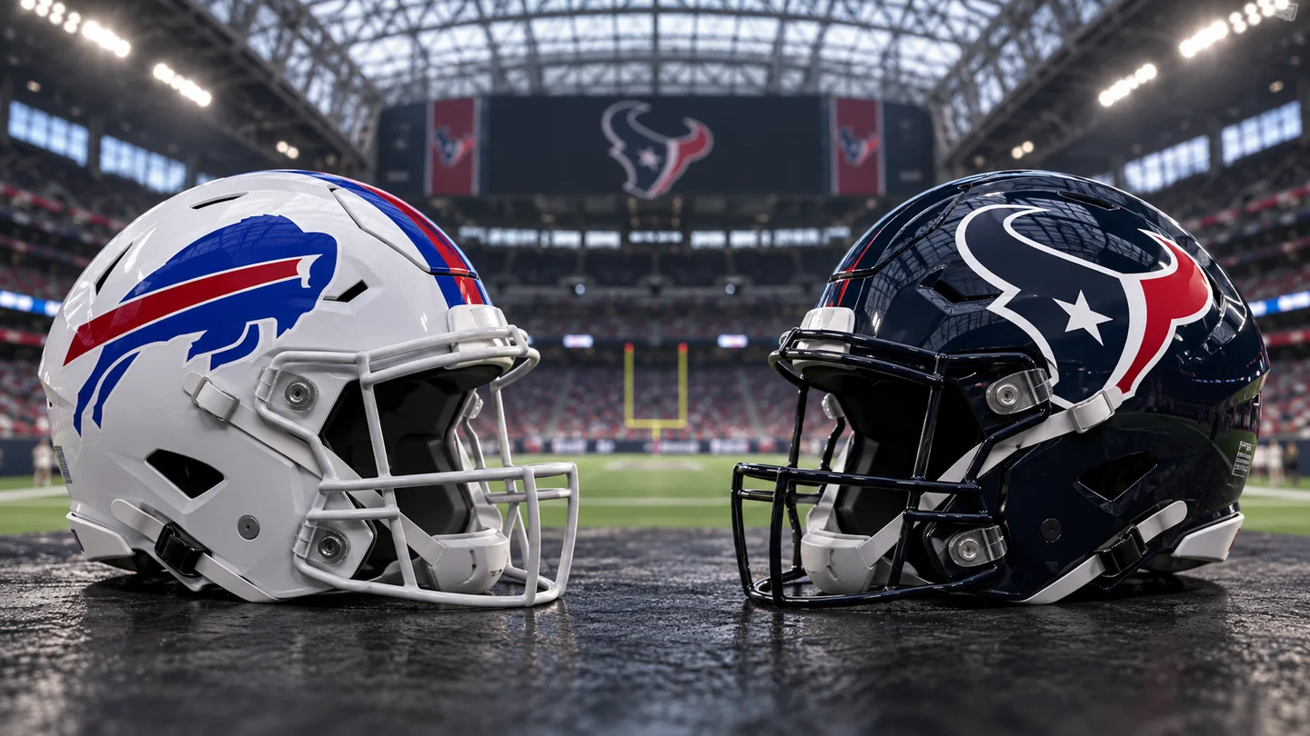 Original editorial illustration: Buffalo Bills and Houston Texans football helmets.