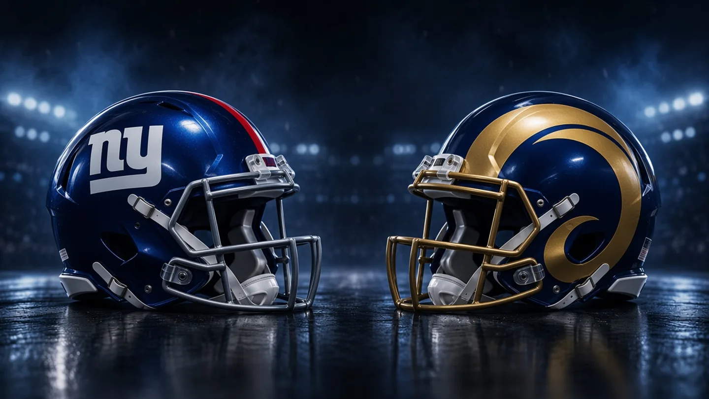 Original editorial illustration: New York Giants and Los Angeles Rams football helmets under cobalt stadium lighting.