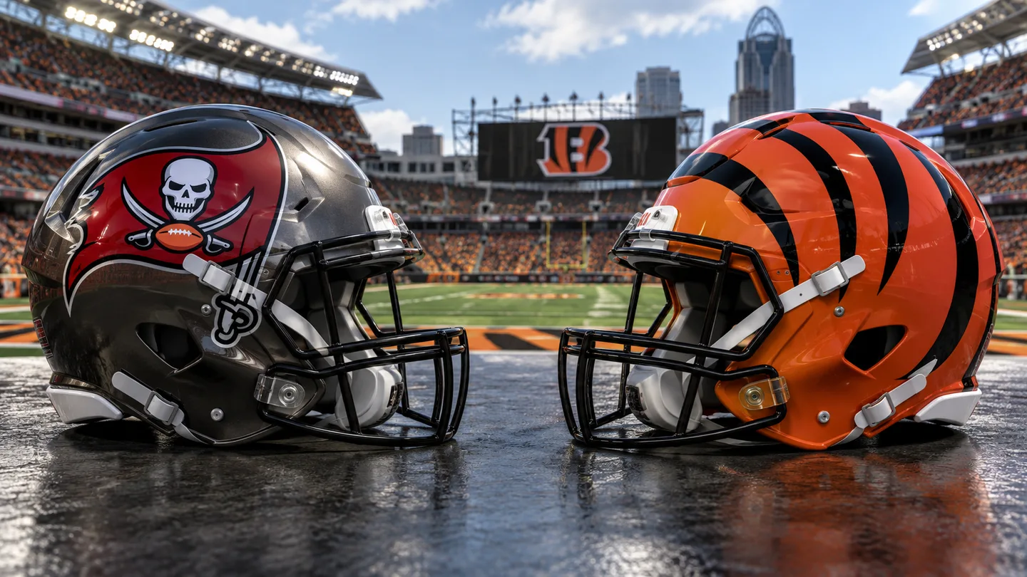 Original editorial illustration: Tampa Bay Buccaneers and Cincinnati Bengals football helmets.